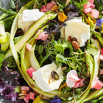 Nicht nur optisch ein Genuss – Spargel-Rhabarber Salat mit Le Rustique Camembert verfeinert. Pure Leichtigkeit! 