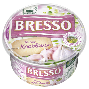 Bresso Produkt packshot Frischkäse Becher feiner Knoblauch
