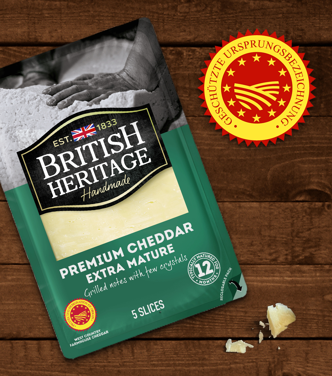 Luftdicht verpackter "Premium Cheddar Extra Mature" von British Heritage aus West Country