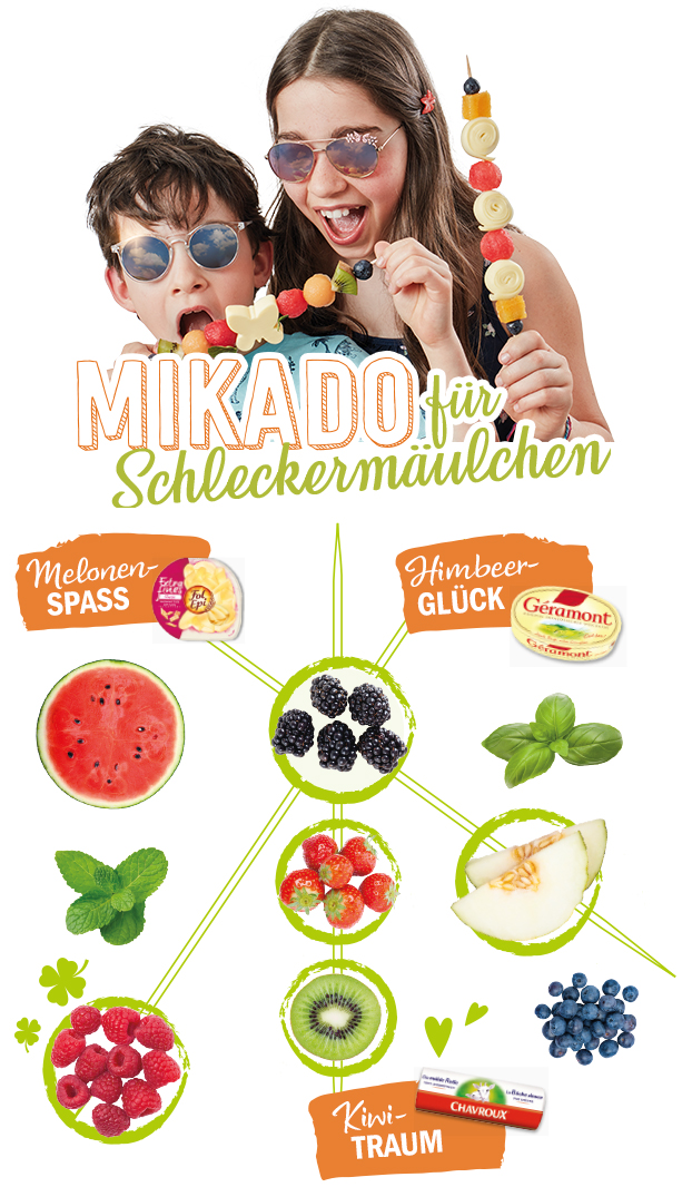 Mikado mit Obst und Käse für Schleckermäulchen