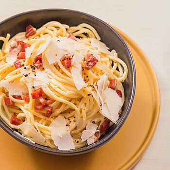 Rezept Spaghetti Carbonara mit Brunch Speck & Zwiebeln