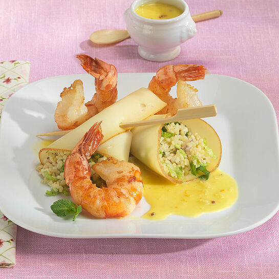 Gebratene Scampi an gefüllten Käse-Cannelloni Gebratene Scampi an gefüllten Käse-Cannelloni - leckere Rezeptidee
