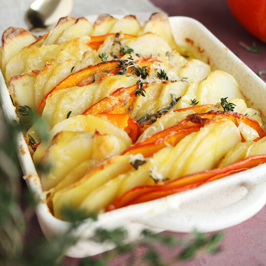 Herbstliches Kürbis-Kartoffel-Gratin