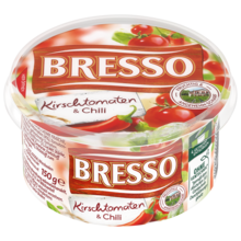 Bresso Produkt packshot Frischkäse Becher Kirschtomate Chili