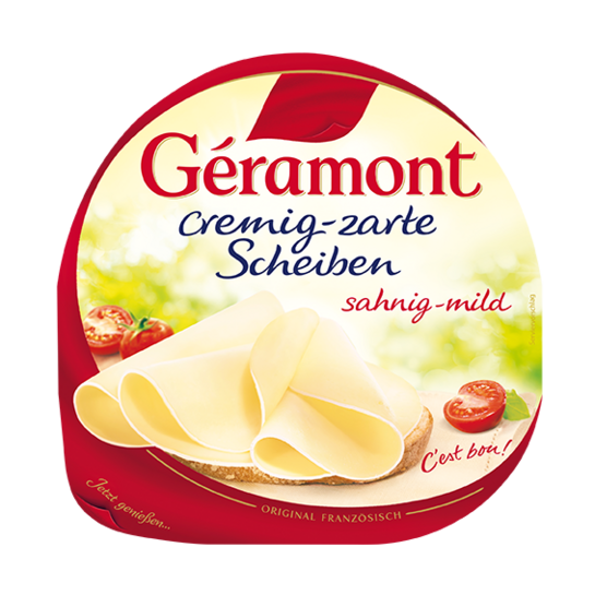 Géramont Produkte packshot cremig zarte Scheiben sahnig mild Géramont Produkte packshot cremig zarte Scheiben sahnig mild