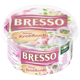 Bresso Produkt packshot Frischkäse Becher feiner Knoblauch