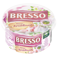 Bresso Produkt packshot Frischkäse Becher feiner Knoblauch