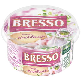 Bresso Produkt packshot Frischkäse Becher feiner Knoblauch Bresso Produkt packshot Frischkäse Becher feiner Knoblauch