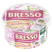 Bresso Produkt packshot Frischkäse Becher feiner Knoblauch