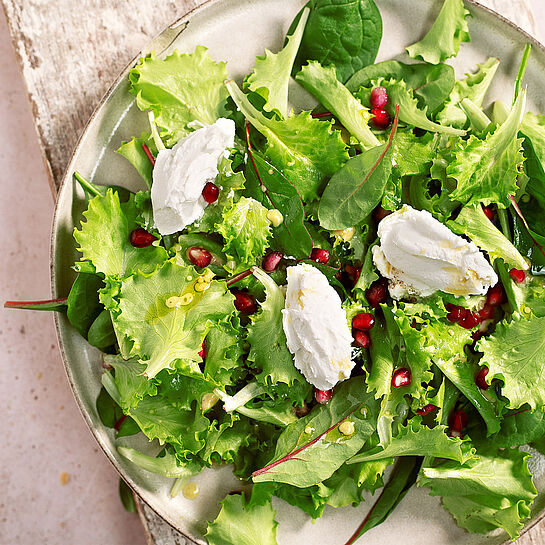 Frischer bunter Sommersalat mit Ziegenkäse und Granatapfelkernen, ideal für eine leichte Sommermahlzeit.