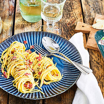 Spaghetti Carbonara original Rezept mit Pancetta, wahlweise mit Sahne zubereitet