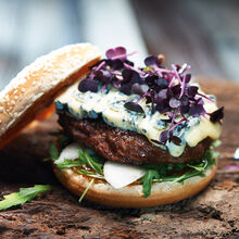 Fruchtiger Cheeseburger mit Mango Chutney, Rucola und Saint Agur. Garniert mit frisches Kresse . 