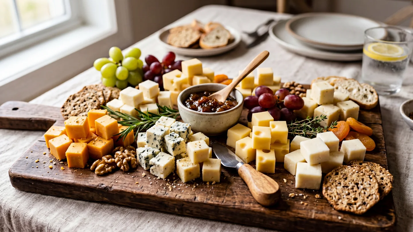  Rustikales Holzbrett mit Käsewürfeln, Blauschimmelkäse, Cheddar, Emmentaler, Trauben, Walnüssen, getrockneten Aprikosen, Crackern und einer Schale Chutney