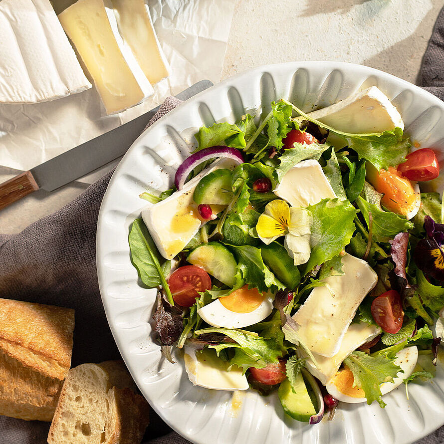 Frühlingssalat in einer weißen Schüssel mit vielen frischen Zutaten wie, Gurken, Zwiebeln, Tomaten und Granatapfelkerne
