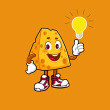 Illustration eines fröhlichen, Stücks Käse, genannt "Käse-Karl" mit Armen, Beinen und Turnschuhen, das eine leuchtende Glühbirne in der Hand hält.