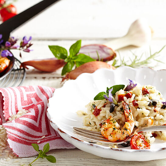 Risotto mit Garnelen und Ziegenfrischkaese