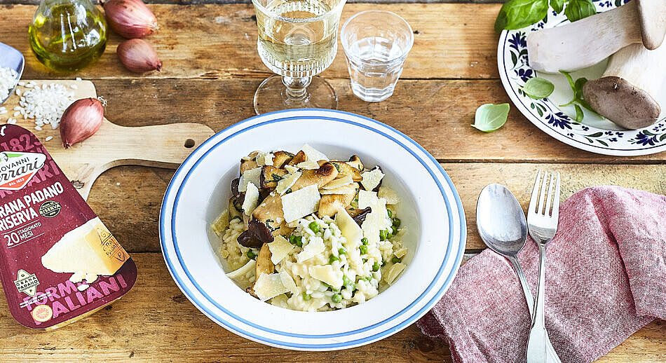 Erbsen-Risotto mit gebratenen Kräuterseitlingen