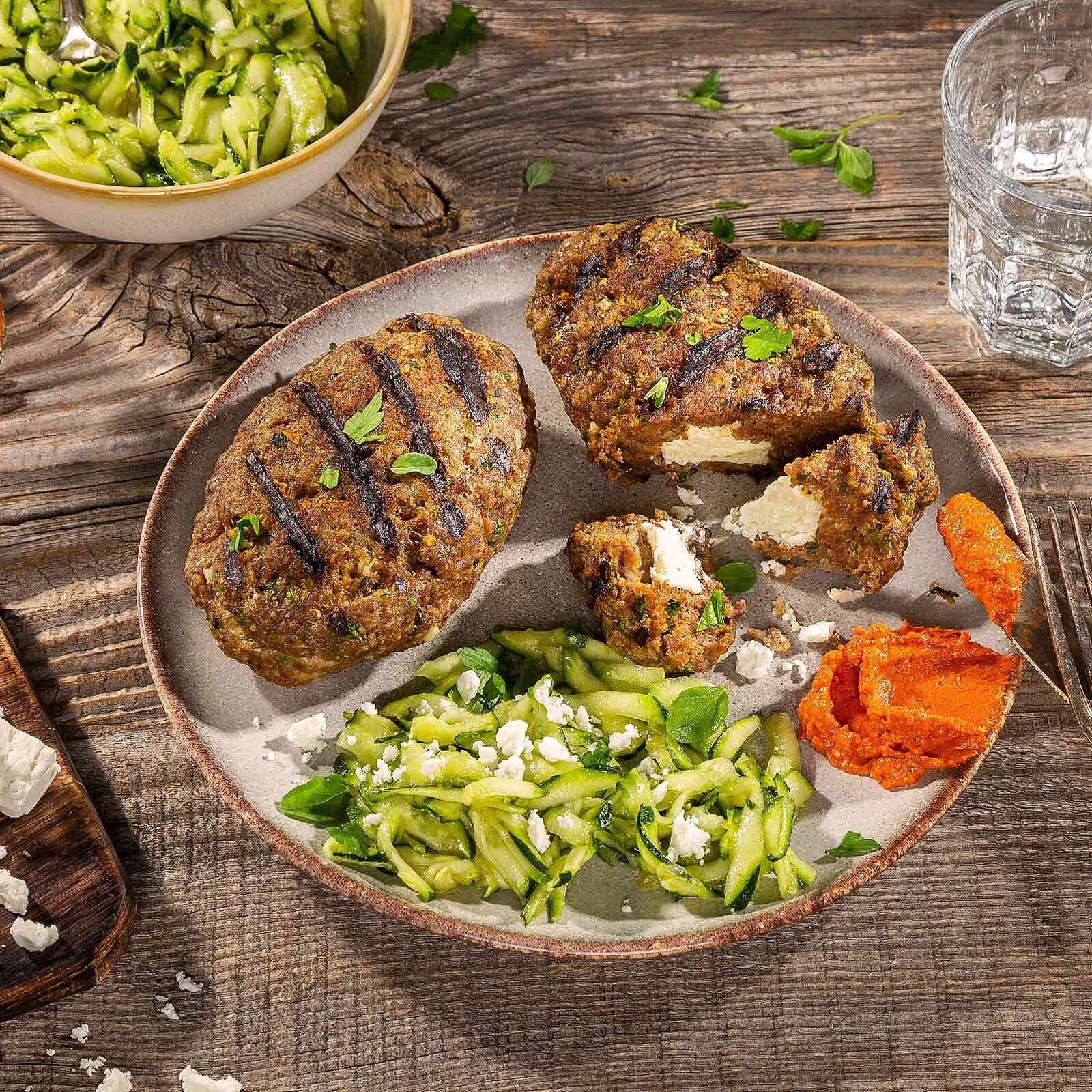 Bifteki mit Zucchini-Slaw und Dip