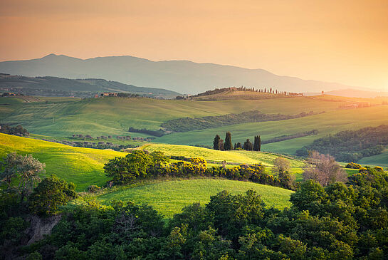 Weite Landschaft in Frankreich mit sonnigen Feldern