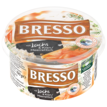 Bresso Produkt packshot Frischkäse Becher Lachs Kren Meerrettich