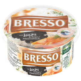 Bresso Produkt packshot Frischkäse Becher Lachs Kren Meerrettich Bresso Produkt packshot Frischkäse Becher Lachs Kren Meerrettich