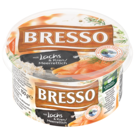 Bresso Produkt packshot Frischkäse Becher Lachs Kren Meerrettich Bresso Produkt packshot Frischkäse Becher Lachs Kren Meerrettich