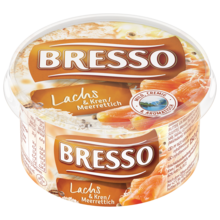 Bresso Produkt packshot Frischkäse Becher Lachs Kren Meerrettich Bresso Produkt packshot Frischkäse Becher Lachs Kren Meerrettich