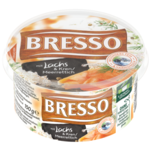 Bresso Produkt packshot Frischkäse Becher Lachs Kren Meerrettich