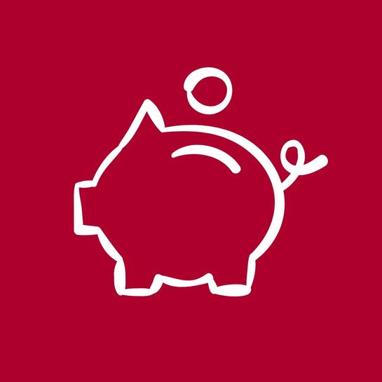 verbraucherpanel-icon-fair-belohnt-1 Weißes Icon eines Sparschweins mit fallender Münze auf rotem Hintergrund.