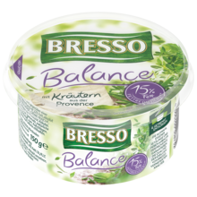 Bresso Produkt packshot Frischkäse Becher Balance Kräuter der Provence