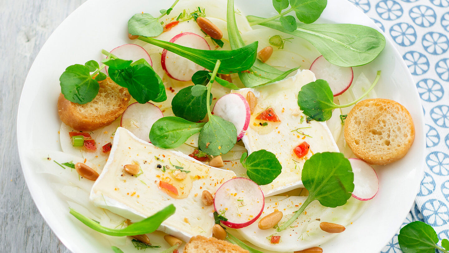 Raffinierte Salat mit Fenchel, Radieschen und Géramont Classic. Als leichte Hauptspeiche oder lockere Beilage.